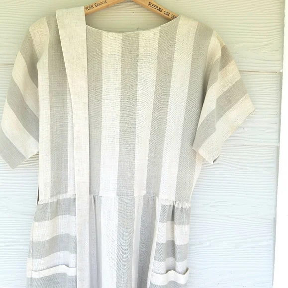 *SOLD*Vintage 80s Minimalist Lagenlook Dress Gray/Oat Color Belted Pockets - Picture 12 of 16